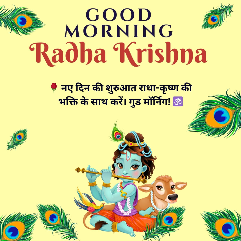 Cute little Krishna playing flute with a calf beside him, surrounded by peacock feathers and a Hindi good morning message on a yellow background.