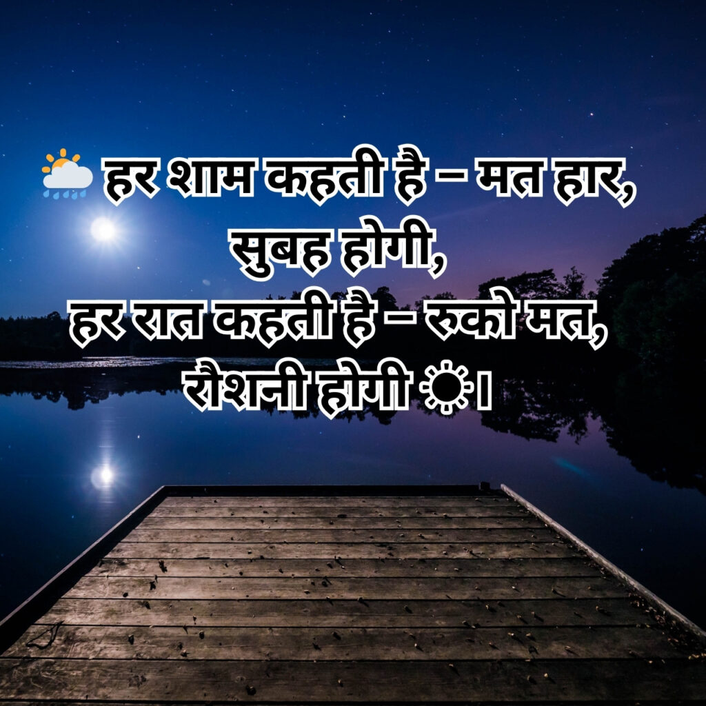 एक शांत झील का दृश्य, जिसमें चंद्रमा की रोशनी झील पर प्रतिबिंबित हो रही है, साथ में प्रेरणादायक हिंदी उद्धरण लिखा है।
